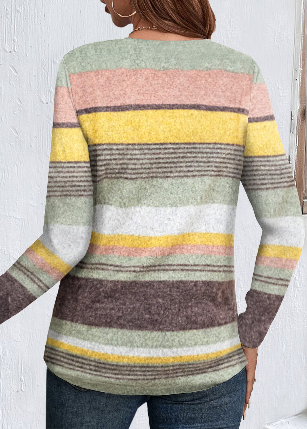 Striped Button Multi Color Long Sleeve T Shirt