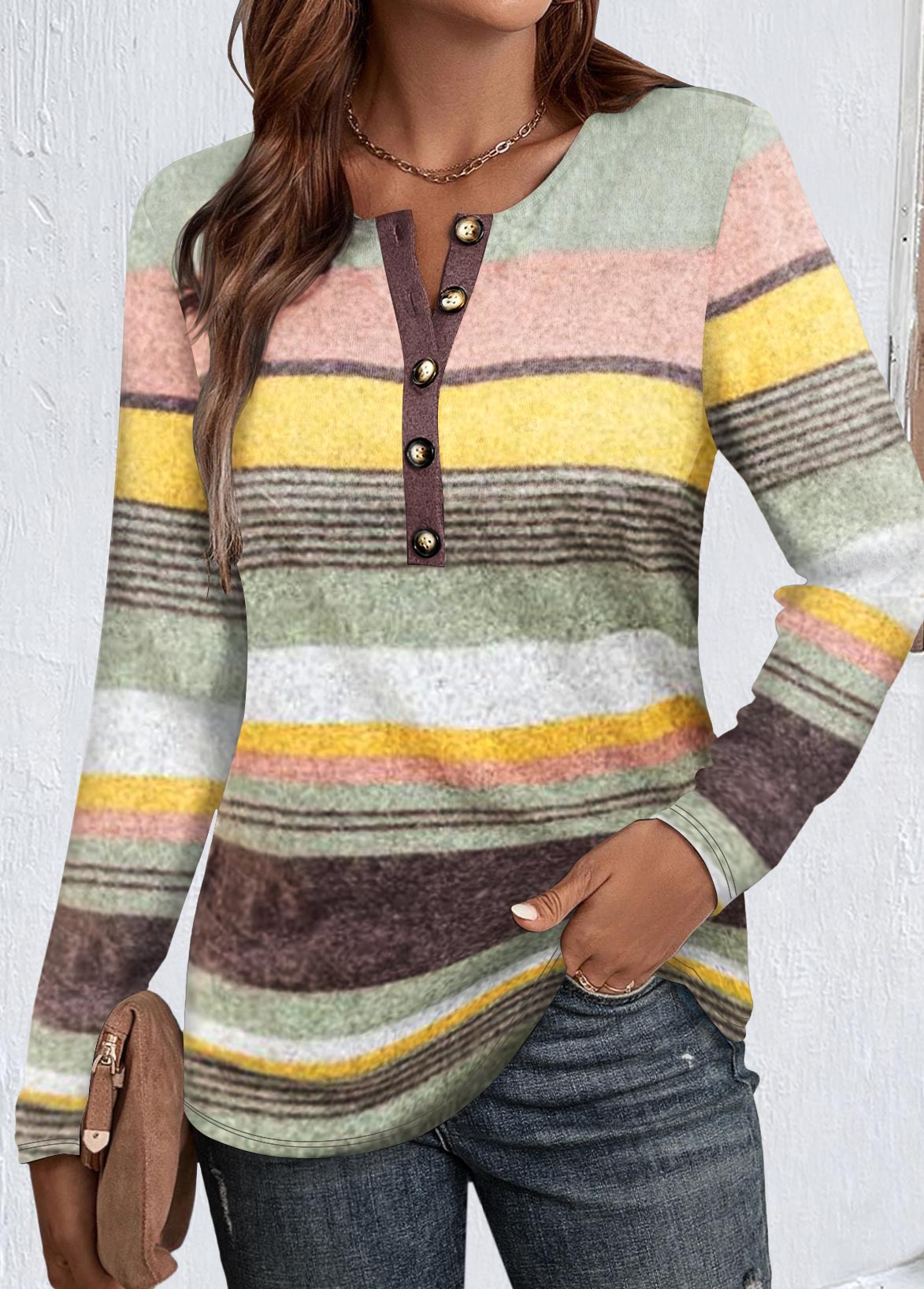 Striped Button Multi Color Long Sleeve T Shirt