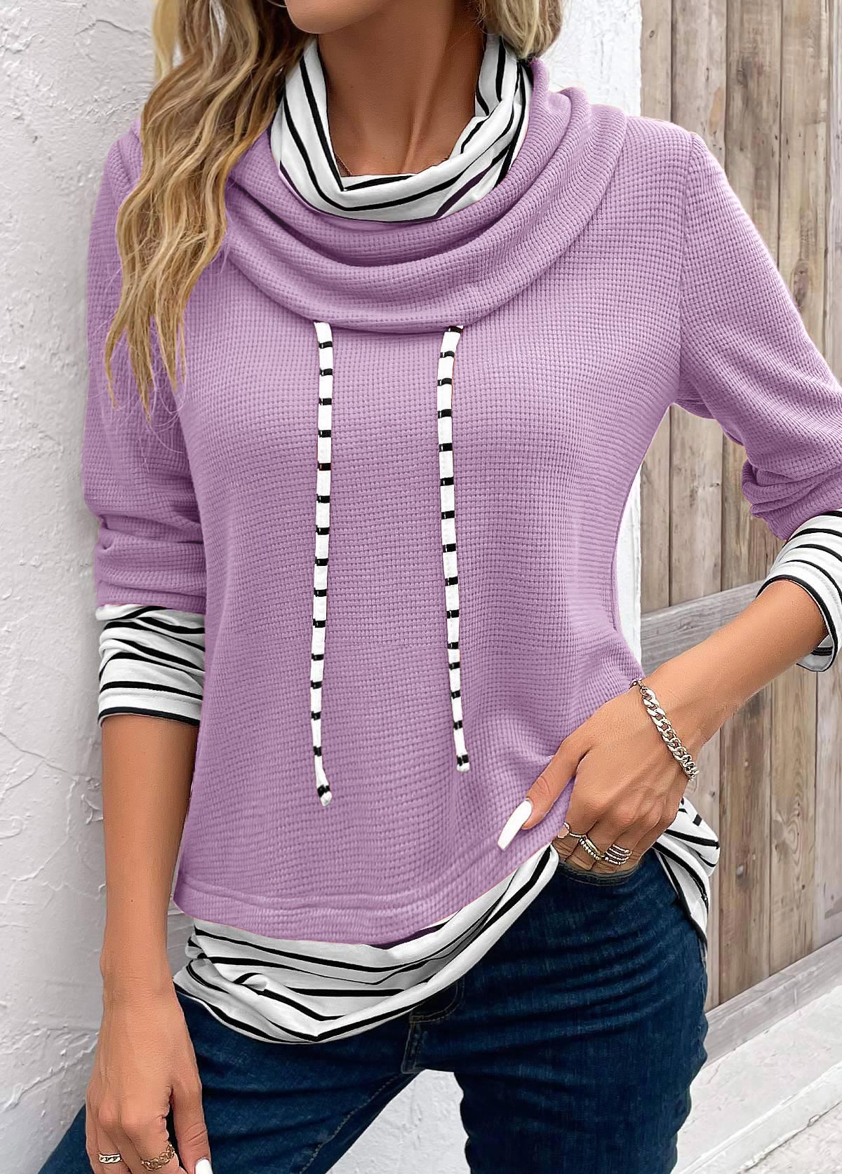 Striped Patchwork Light Purple Long Sleeve Cowl Neck Sweatshirt