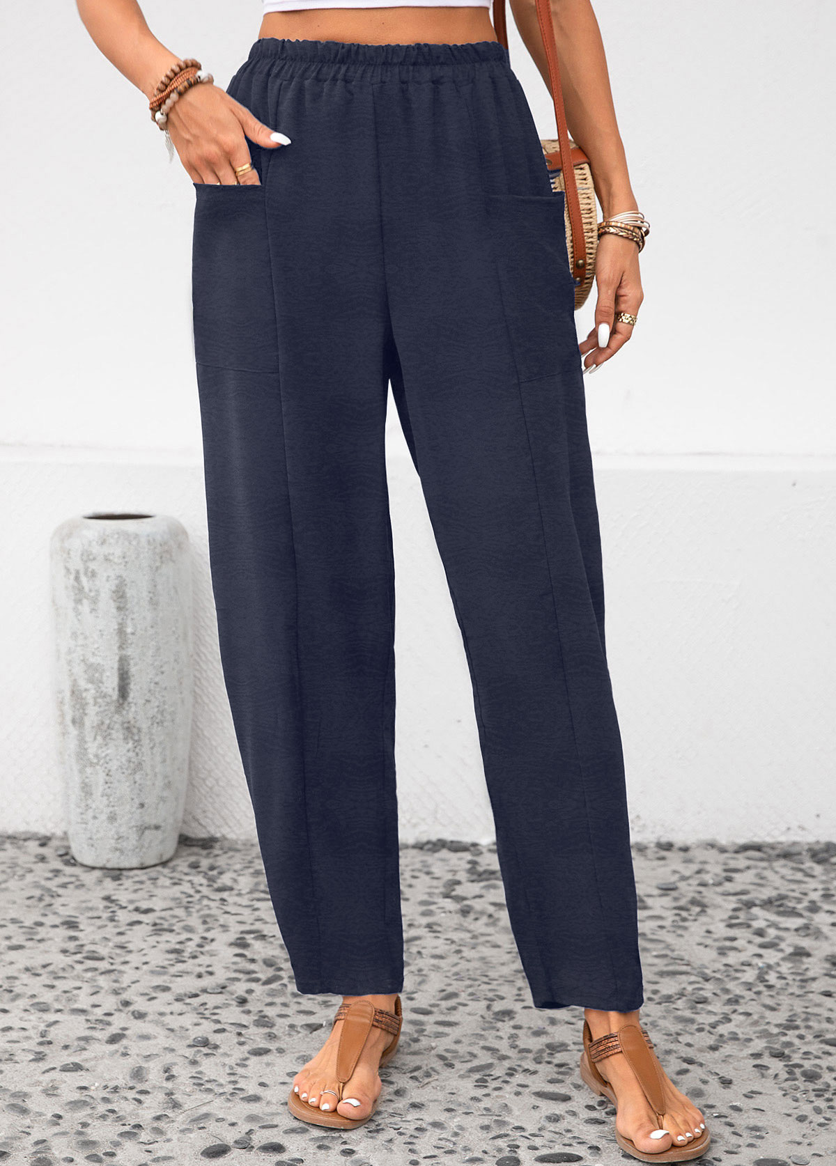 Navy Elastic Waist Pocket High Waisted Pants USD 24.98