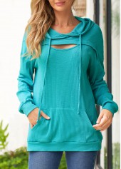 Long Sleeve Lace Up Cyan Hoodie