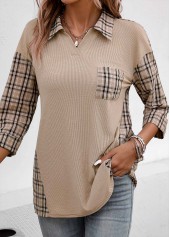 Plaid Patchwork Light Coffee V Neck Blouse