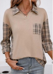 Plaid Patchwork Light Coffee V Neck Blouse