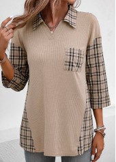 Plaid Patchwork Light Coffee V Neck Blouse