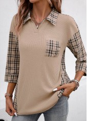 Plaid Patchwork Light Coffee V Neck Blouse