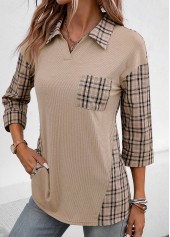 Plaid Patchwork Light Coffee V Neck Blouse