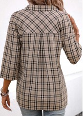 Plaid Patchwork Light Coffee V Neck Blouse