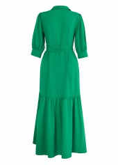 Button Belted Green High Low Shirt Collar Dress | Rosewe.com - USD $41.98