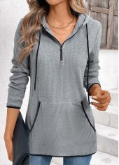 Pocket Zipper Grey Long Sleeve Hoodie