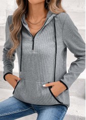 Pocket Zipper Grey Long Sleeve Hoodie