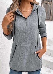 Pocket Zipper Grey Long Sleeve Hoodie
