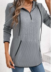 Pocket Zipper Grey Long Sleeve Hoodie