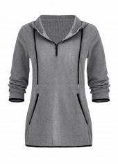 Pocket Zipper Grey Long Sleeve Hoodie