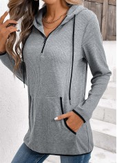 Pocket Zipper Grey Long Sleeve Hoodie