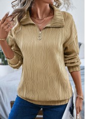 Long Sleeve Zipper Light Camel Turn Down Collar Sweatshirt