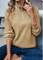 Long Sleeve Zipper Light Camel Turn Down Collar Sweatshirt