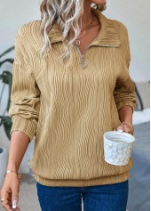 Long Sleeve Zipper Light Camel Turn Down Collar Sweatshirt