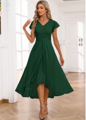 Twist High Low V Neck Blackish Green Dress