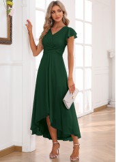 Twist High Low V Neck Blackish Green Dress