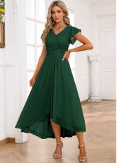 Twist High Low V Neck Blackish Green Dress