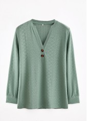 Button Split Neck Long Sleeve Green T Shirt