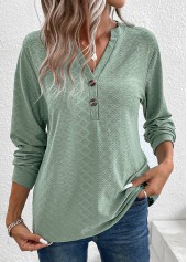 Button Split Neck Long Sleeve Green T Shirt