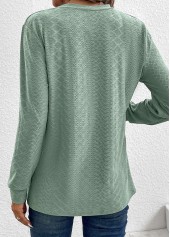 Button Split Neck Long Sleeve Green T Shirt