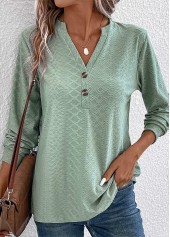 Button Split Neck Long Sleeve Green T Shirt