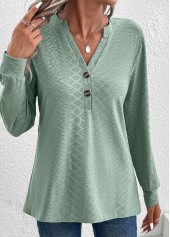 Button Split Neck Long Sleeve Green T Shirt