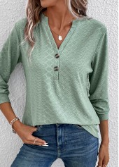 Button Split Neck Long Sleeve Green T Shirt