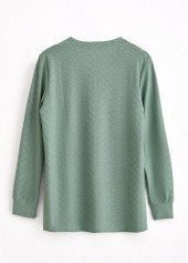 Button Split Neck Long Sleeve Green T Shirt