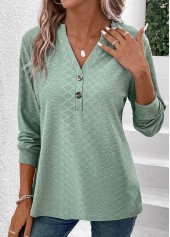 Button Split Neck Long Sleeve Green T Shirt