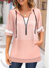 Striped Pocket Dusty Pink Half Sleeve Hoodie