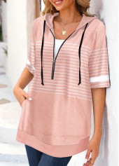 Striped Pocket Dusty Pink Half Sleeve Hoodie