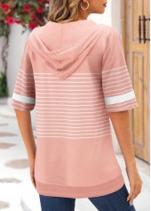 Striped Pocket Dusty Pink Half Sleeve Hoodie
