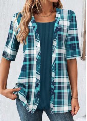 Plaid Peacock Blue Short Sleeve Fake Two Piece Twinset