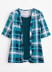 Plaid Peacock Blue Short Sleeve Fake Two Piece Twinset