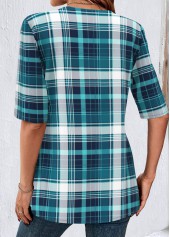 Plaid Peacock Blue Short Sleeve Fake Two Piece Twinset