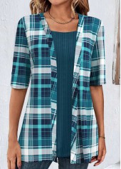 Plaid Peacock Blue Short Sleeve Fake Two Piece Twinset