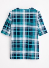 Plaid Peacock Blue Short Sleeve Fake Two Piece Twinset