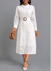 Button Belted White Round Neck Long Sleeve Dress | Rosewe.com - USD $38.98
