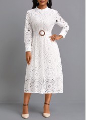 Button Belted White Round Neck Long Sleeve Dress | Rosewe.com - USD $38.98