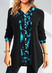 Geometric Print Fake 2in1 Black Shirt Collar Blouse