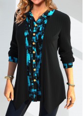 Geometric Print Fake 2in1 Black Shirt Collar Blouse