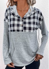 Plaid Pocket Light Grey Long Sleeve Hoodie