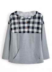 Plaid Pocket Light Grey Long Sleeve Hoodie
