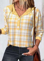Plaid Patchwork Yellow Long Sleeve Hoodie