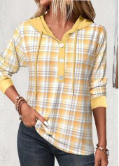 Plaid Patchwork Yellow Long Sleeve Hoodie