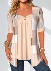 Plus Size Beige Geometric Print Fake Two Piece Twinset