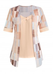Plus Size Geometric Print Beige Fake Two Piece Twinset